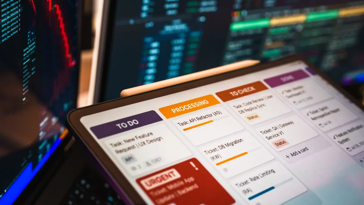 Tablet displaying a task board with To Do, Progress, Done, Open